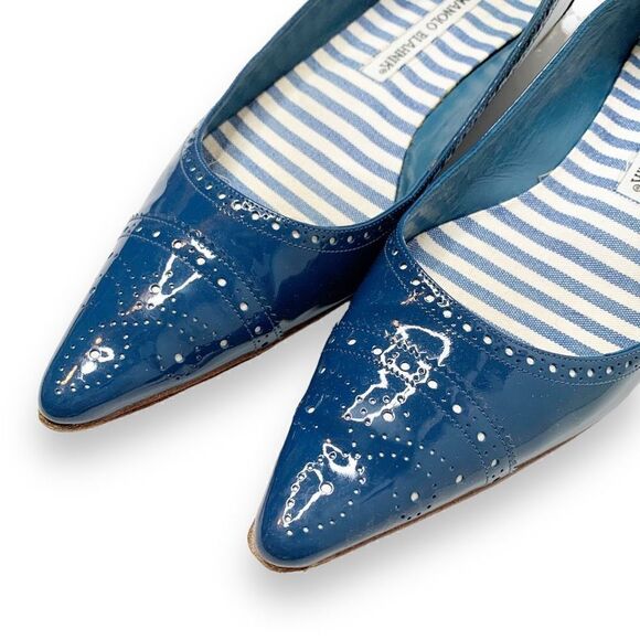 Manolo Blahnik PETUNIA Brogue Patent Leather Blue Tuxedo Ballet Flats Women’s 37 - Picture 7 of 9